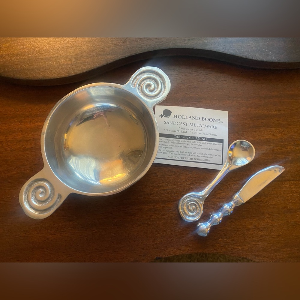 NWOT Holland Boone Sandcast Serving Bowl, Spoon & Spreader. No tarnish Pewter